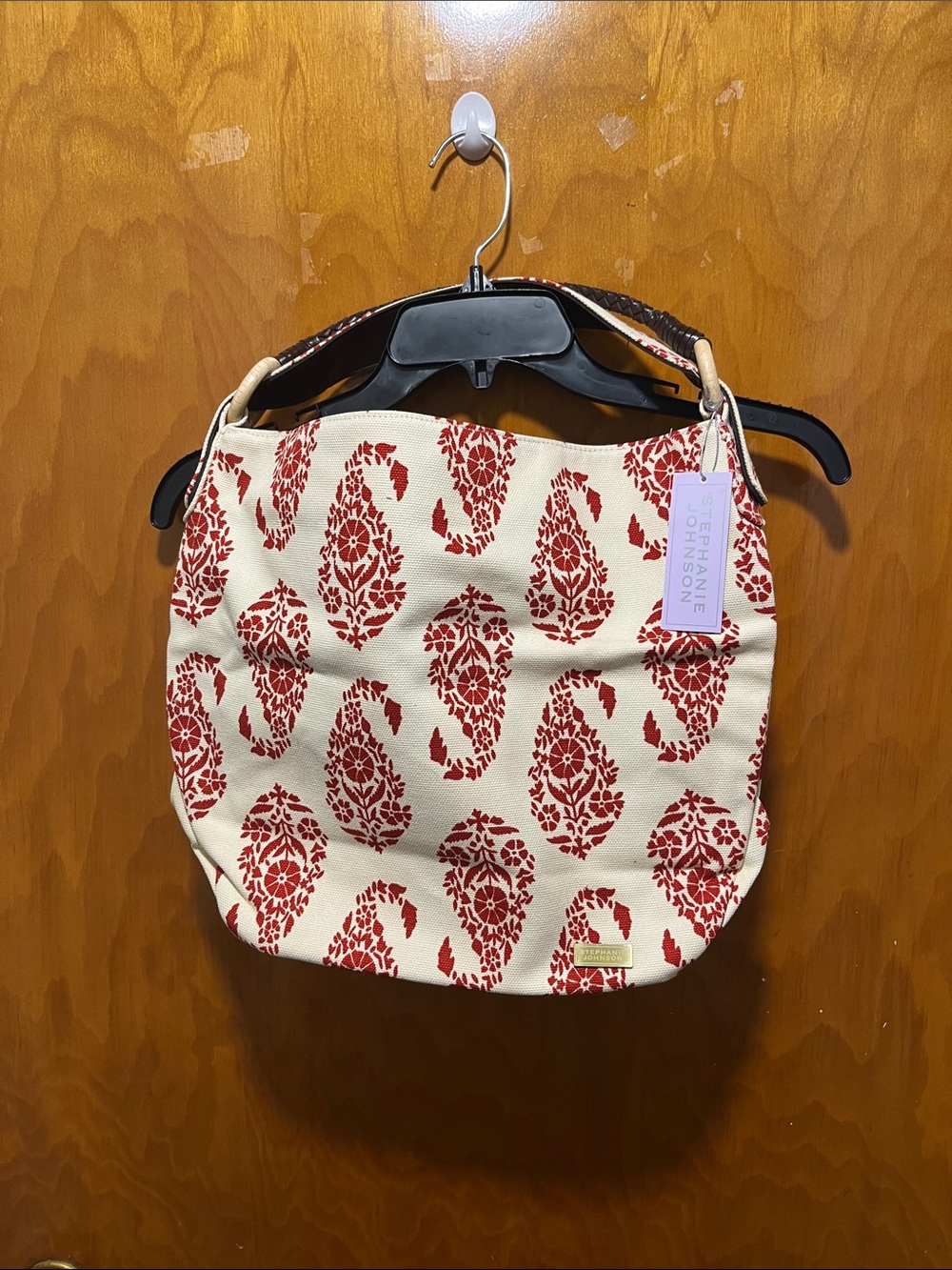 Stephanie Johnson Cream and Red Paisley Canvas Hobo Shoulder Bag